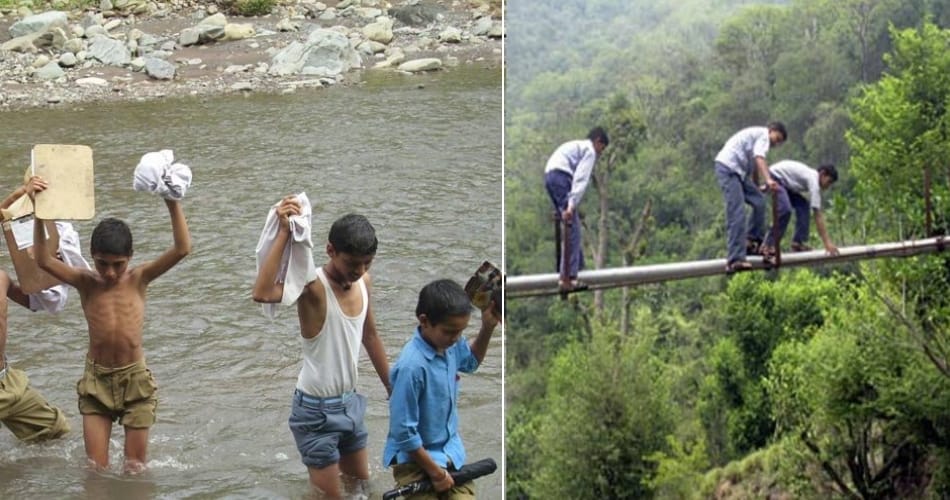 childrens cross river daily for going school, photos of dangerous school way