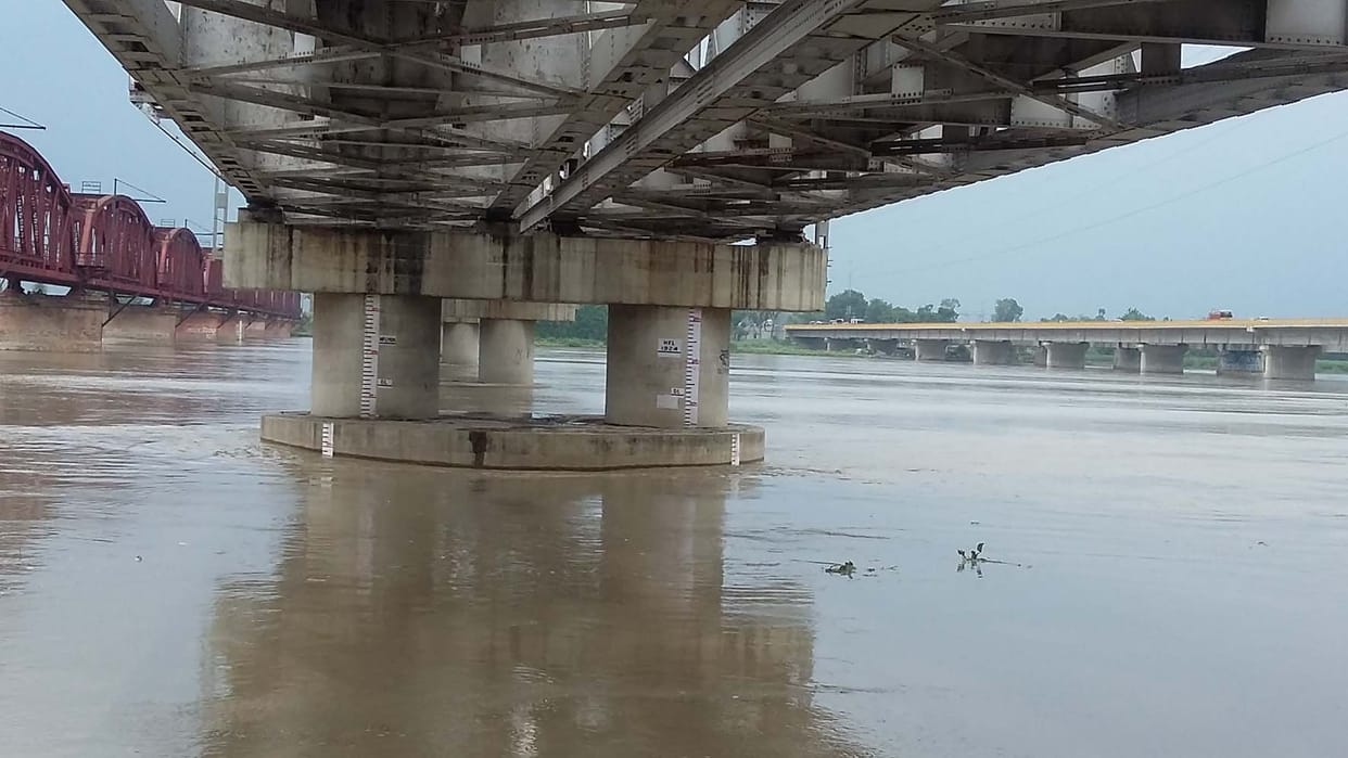Across the river to the danger mark.