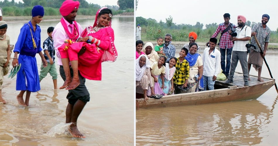 amazing love, groom lift up bride in arms to cross the beas river in jalandhar of punjab