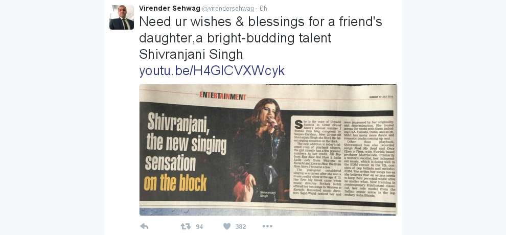 virender sehwag tweeted for shivranjani singh