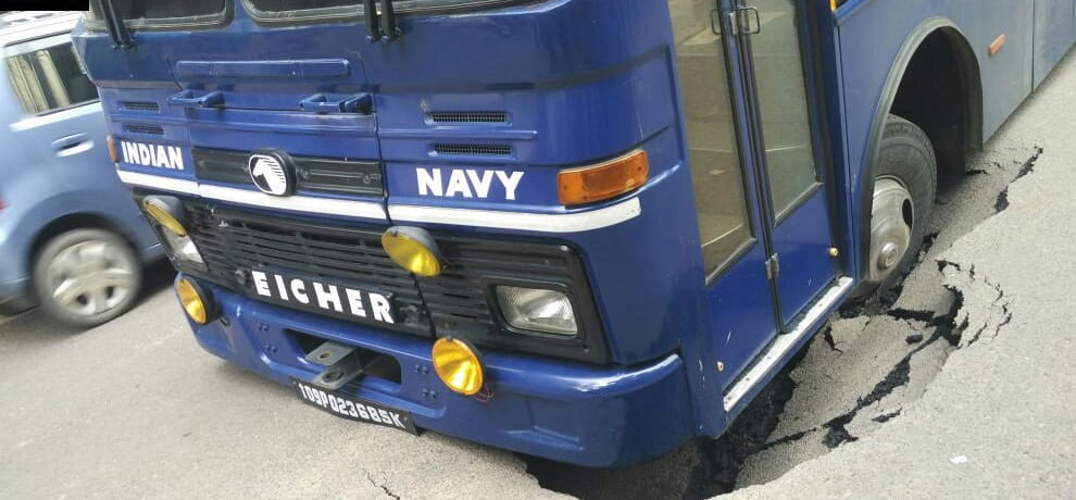Indian Navy bus gets stuck in a caved, created a stir in the area