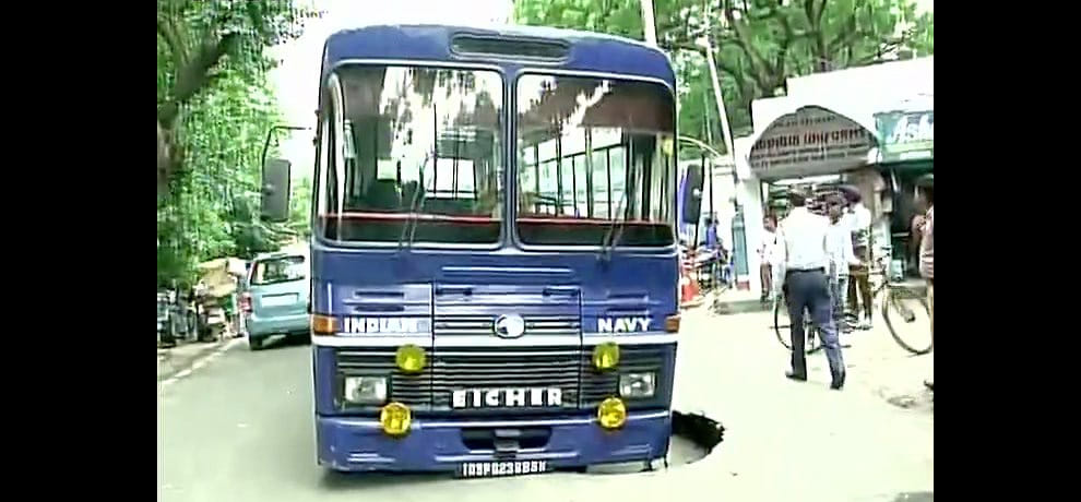 Indian Navy bus gets stuck in a caved, created a stir in the area