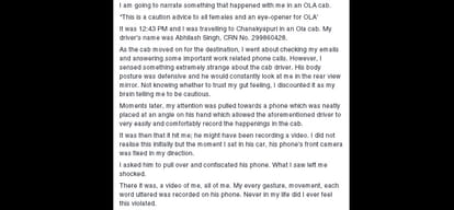 Ola cab driver shameful act in cab, the girl wrote her story on Facebook