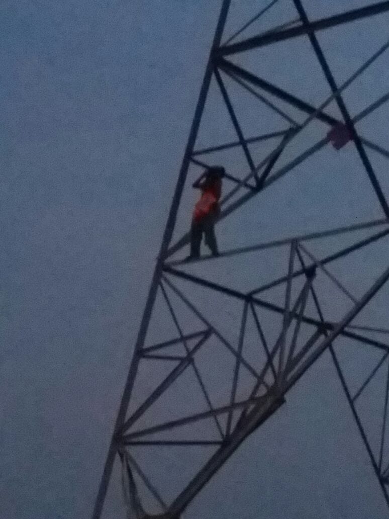 woman clinb on electric pole for liquor 