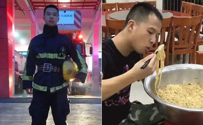 Chinese firefighter eats up a whole pot of noodles