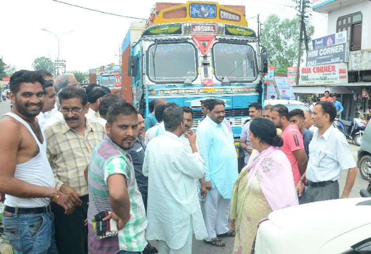 road jam after accident in car and truck 