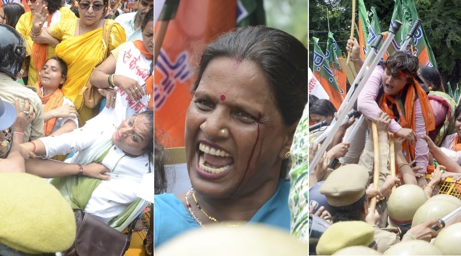 bjp mahila morcha protest in lucknow
