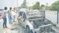 panipat, car, burning, gt road, police, fire