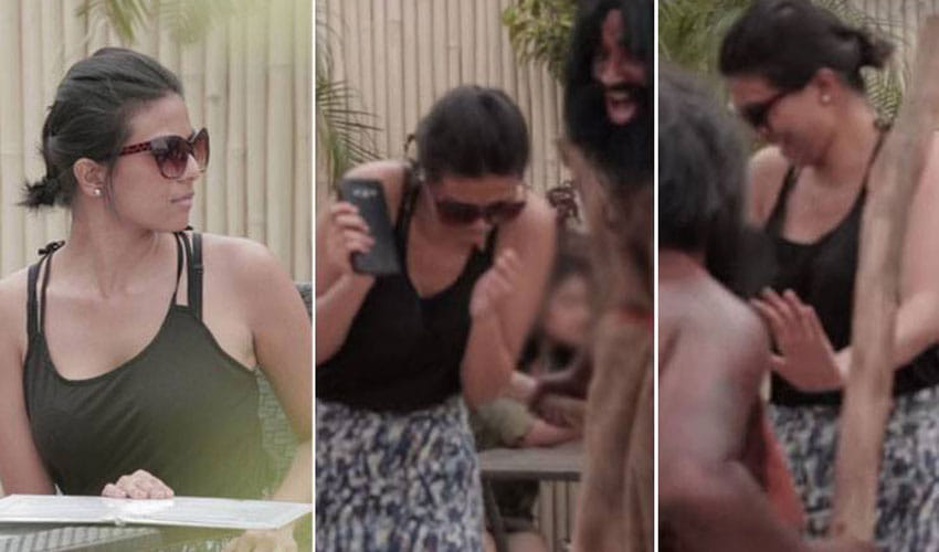 caveman harasses college girls in a restaurant