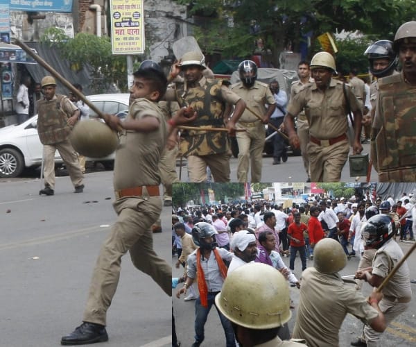 lathicharge and stone pelting in Lucknow.