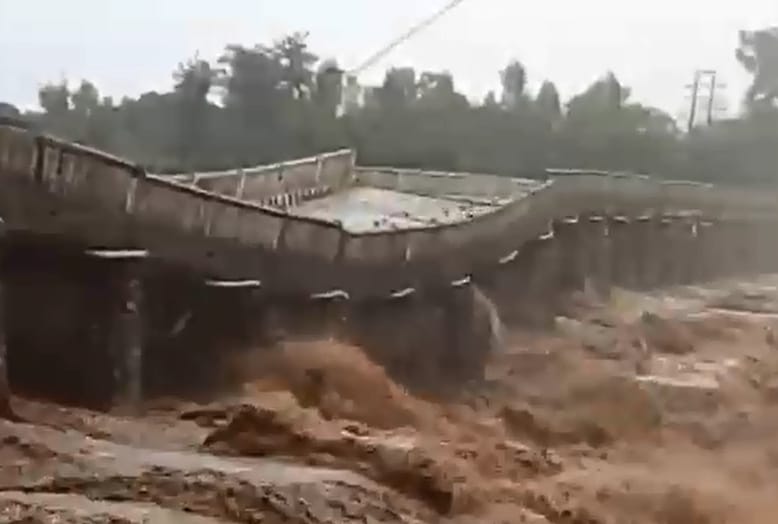 Damtal Indora Bridge collapses due to heavy rainfall in Himachal.