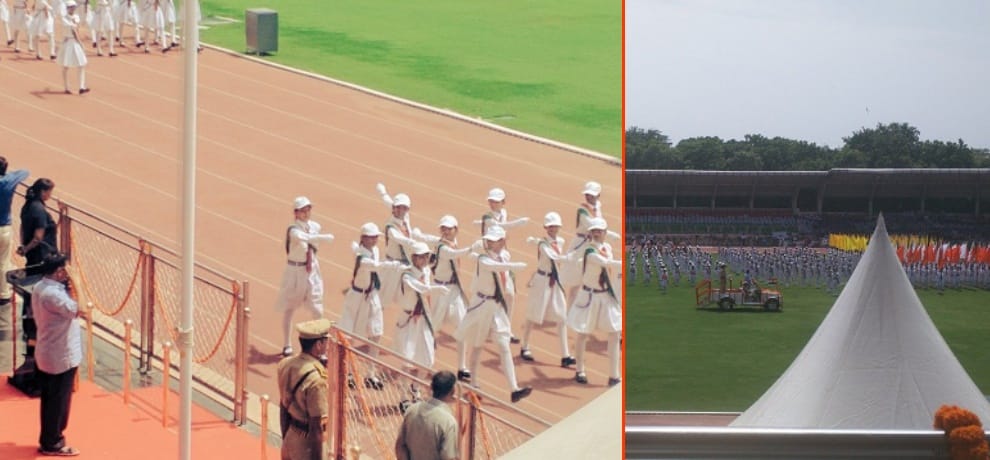 Kejriwal hosting flag at chatrasaal stadium,