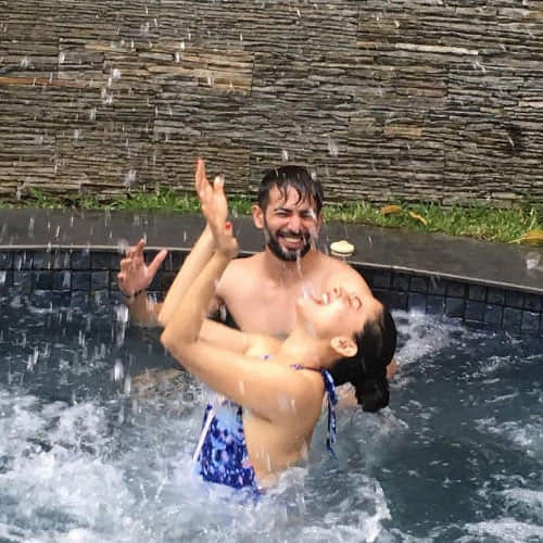 mahi and jai close in swimming pool in goa