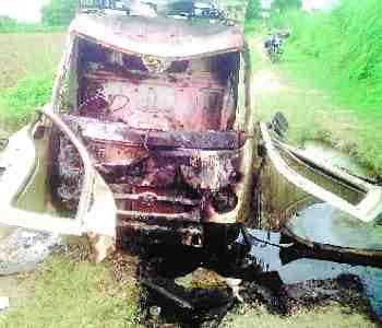 The villagers surrounded the young man, blew vehicle