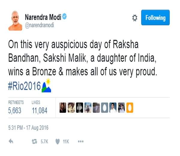 prime minister modi tweet about Sakshi Malik, who clinches bronze medal in Rio 2016 Olympics