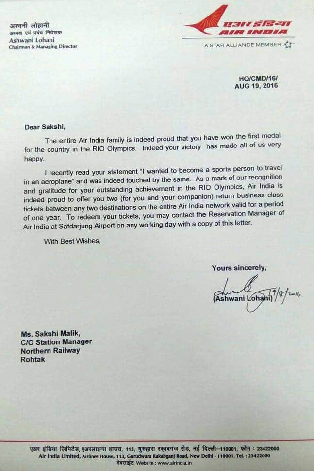 Sakshi Malik's wish to fly touched Air India, Company offers business class tickets