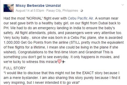 Air company gives free travel points to new born baby in flight