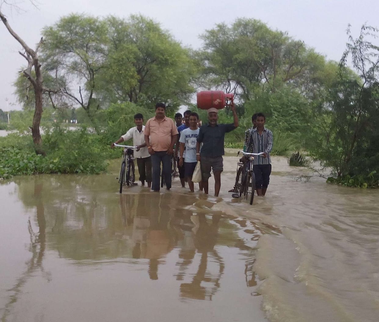 On each side of the water from the Ganga in spate