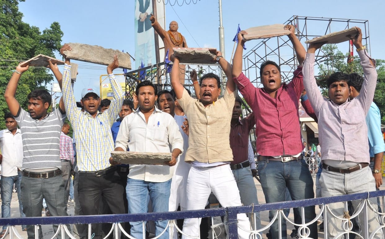 Protest held by ambedkar students union and purvanchal sena
