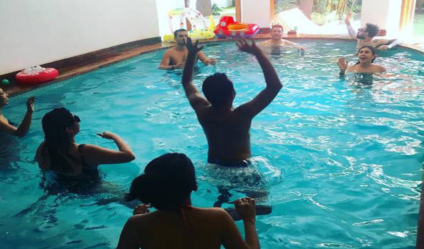 imran khan in pool with her wife and baby