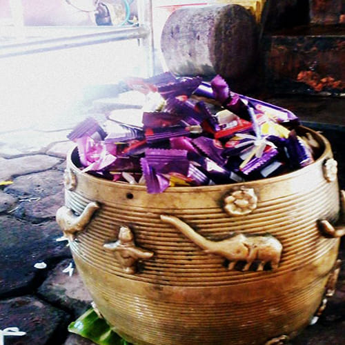 temple where devotees offer chocolate bars to god