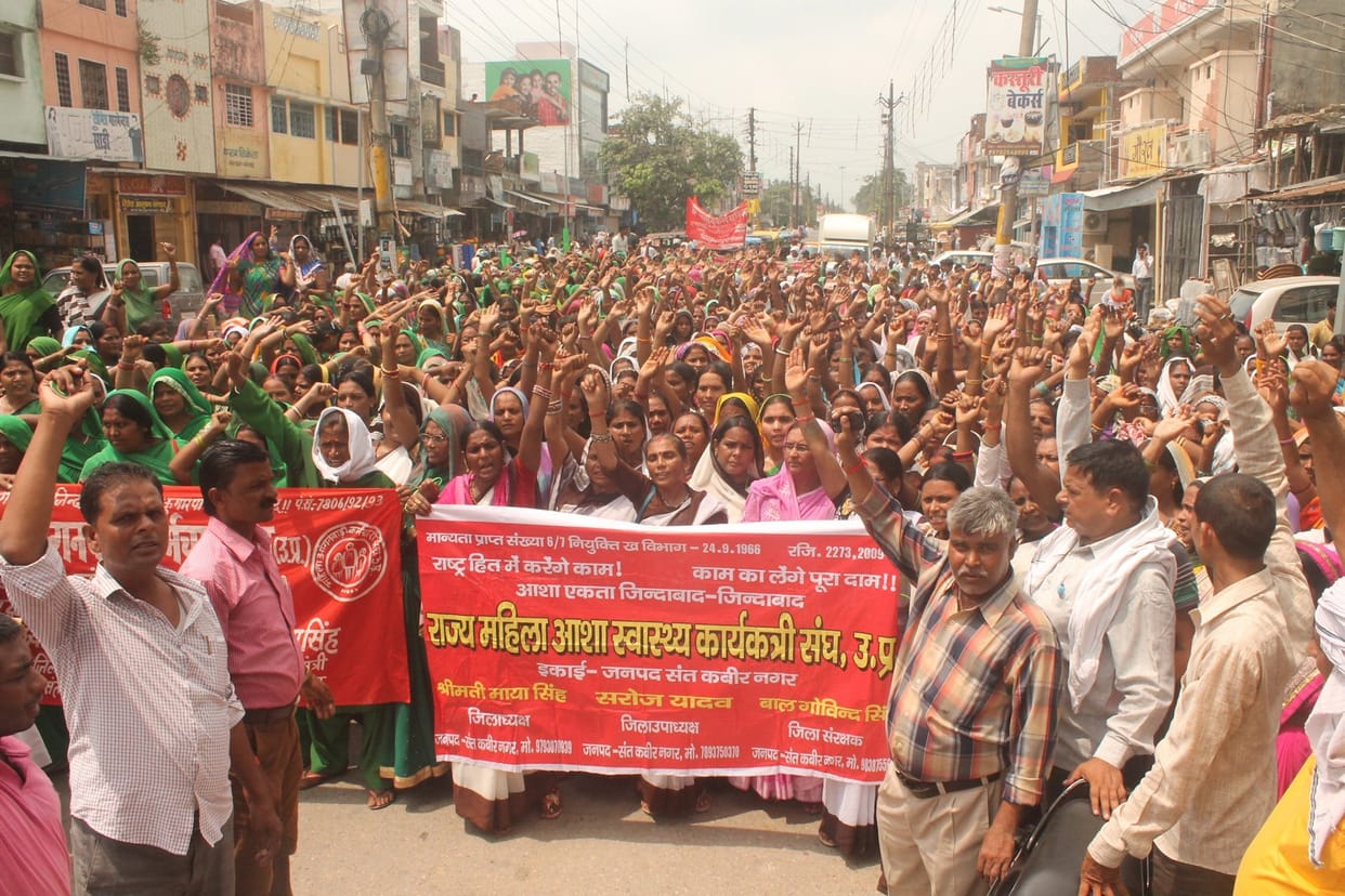 ASHA, Anganwadi and unions on road