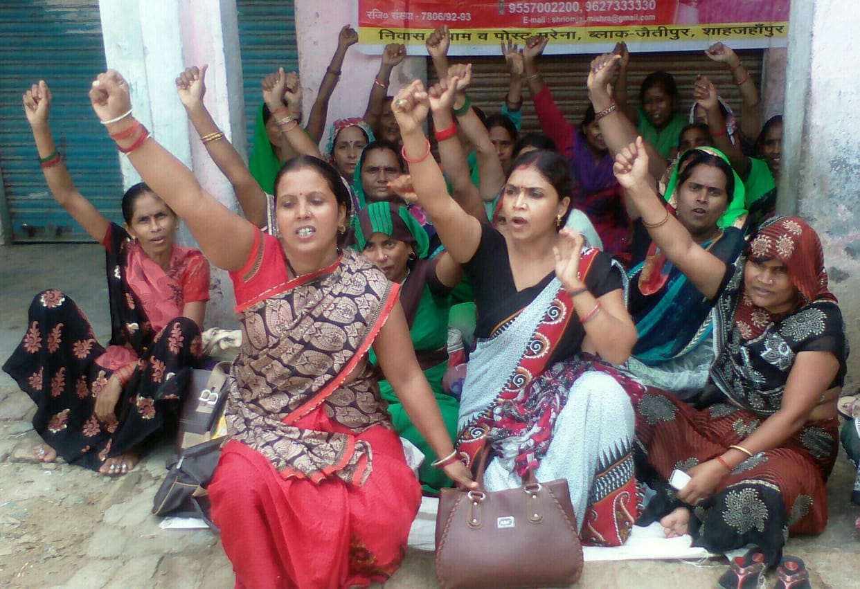 Anganwadi workers began the indefinite sit-in 