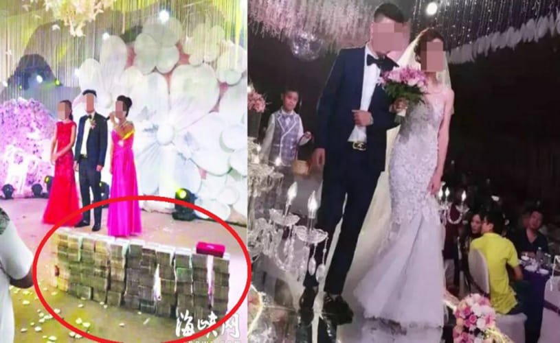 Groom gives bride's family 6 million yuan in cash on stage