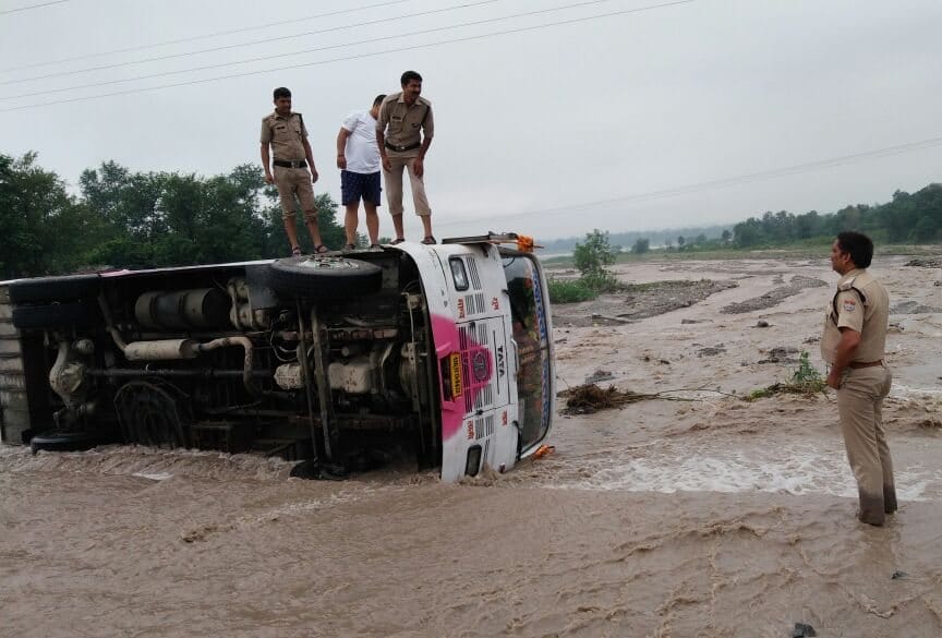 bus flows in river