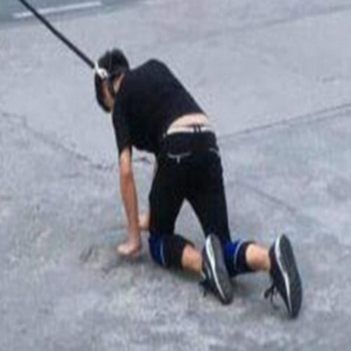 woman takes her boyfriend for a walk on a DOG LEASH 