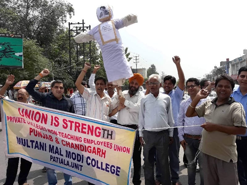 Non Teaching Staff, strike, burnt effigies of higher education minister, Patiala