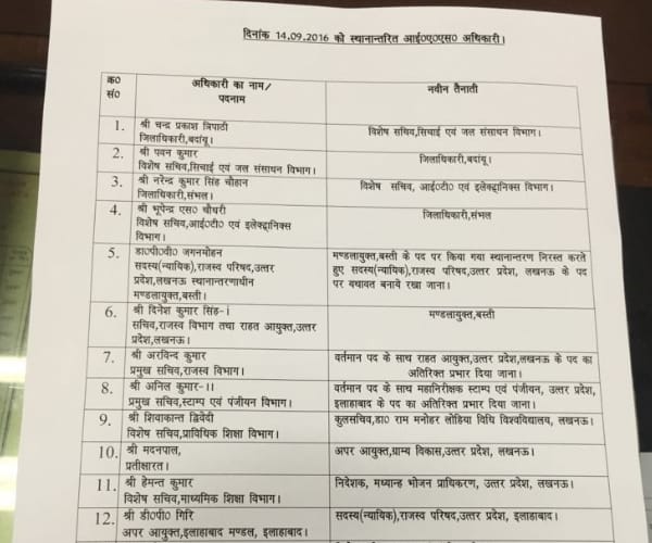 IAS PCS and SDM transfer in Uttar Pradesh.