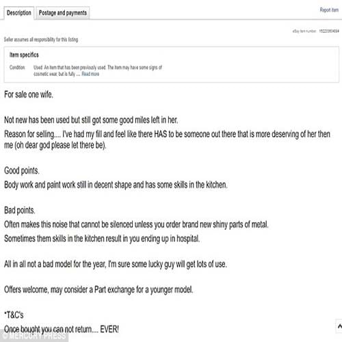 Man puts wife for SALE on eBay