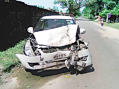 Uncontrollable car upturned, three injured