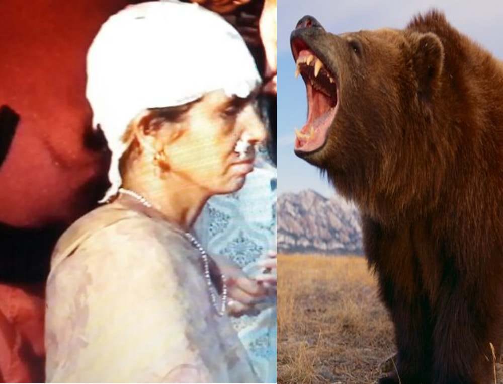 old woman fight with wild bear