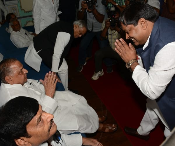 gayatri prasad prajapati takes oath as cabinet minister.