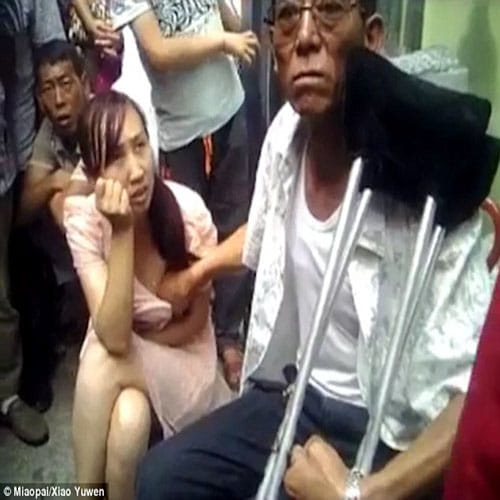 Predicts future by touching woman's breasts