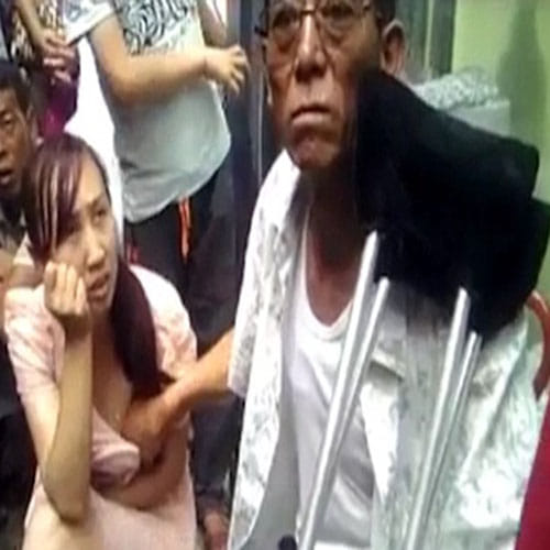 Predicts future by touching woman's breasts