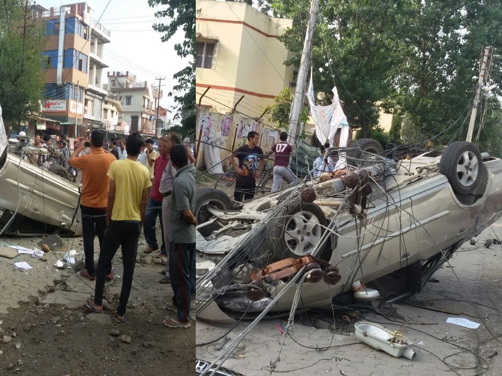 honda city car upturned due to electrical wire