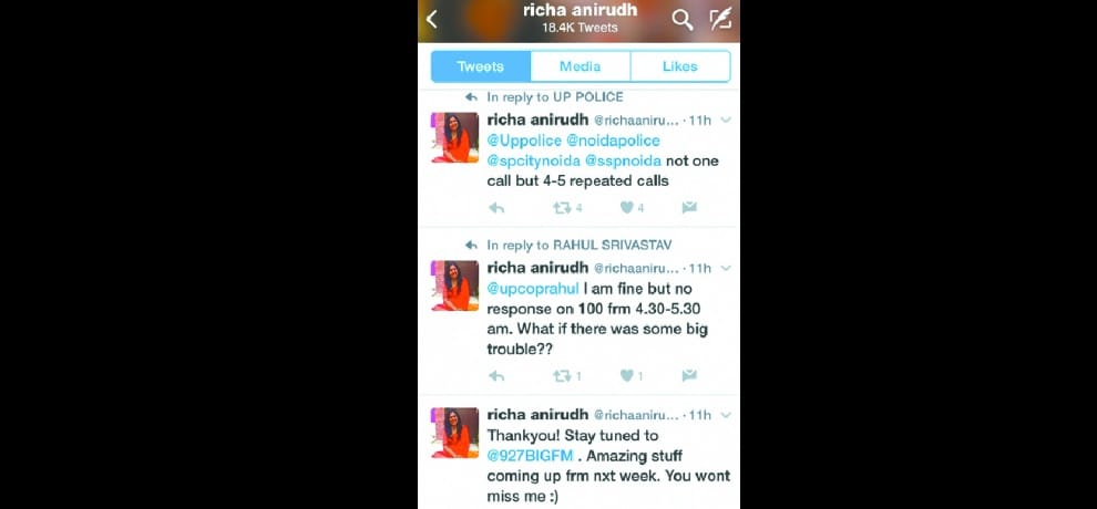 tv anchor richa anirudh do not get help from dial 100, complains on UP police twitter account
