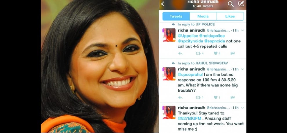 tv anchor richa anirudh do not get help from dial 100, complains on UP police twitter account