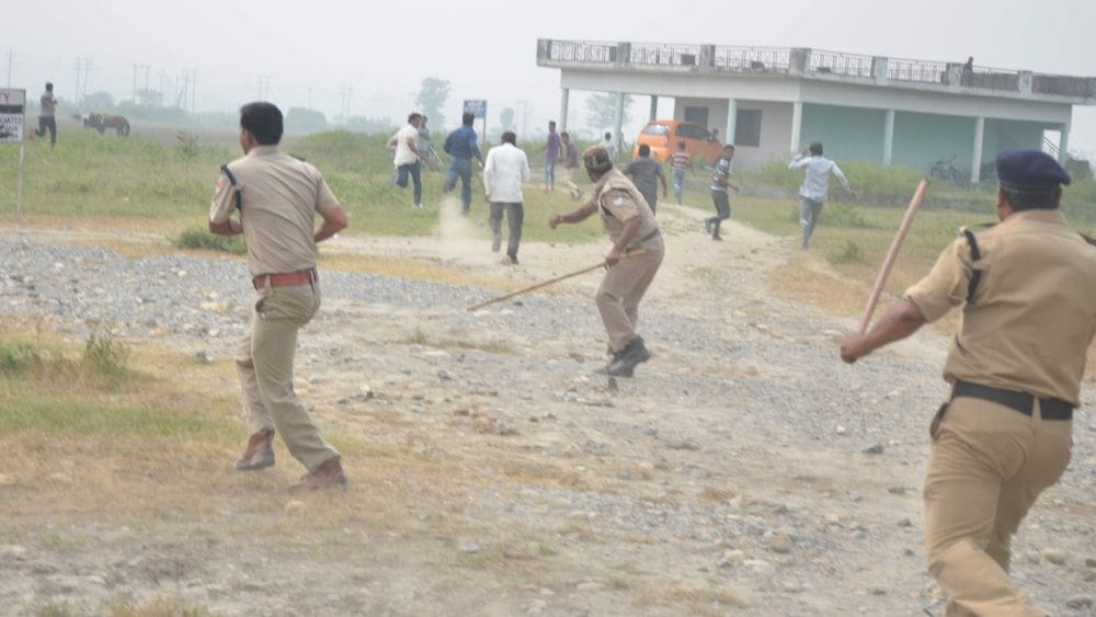 police lathicharge on shishambara plant foundation ceremony