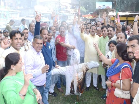 bjp brun kejriwal ana niripam efigi in bilaspur.