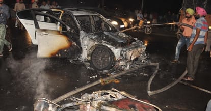 bmw car hit activa rider, after accident activa and bmw catches fire