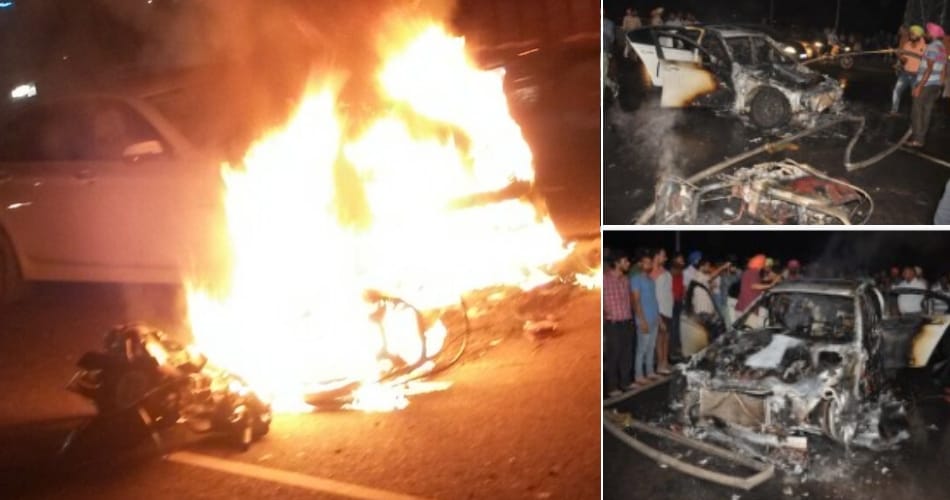 bmw car hit activa rider, after accident activa and bmw catches fire