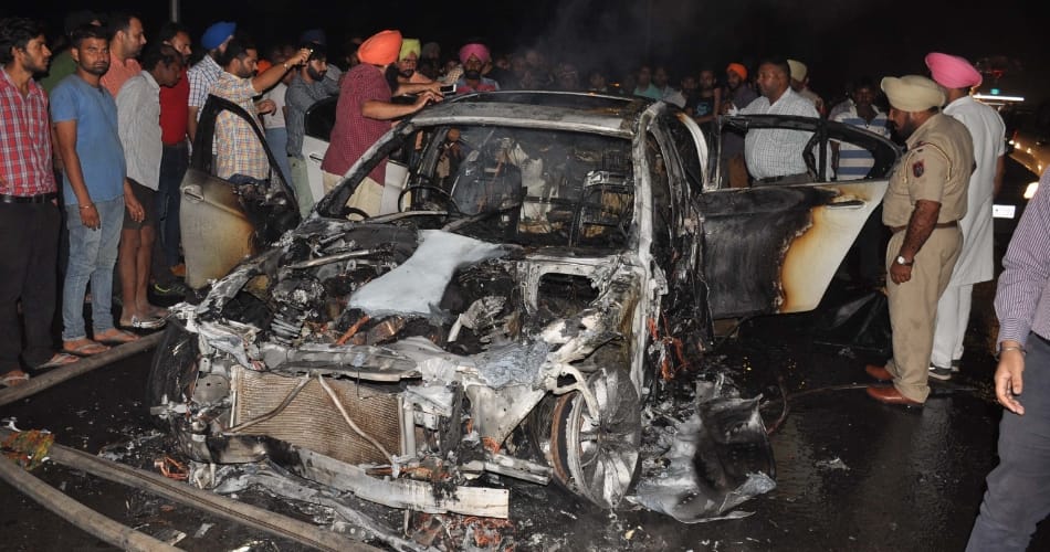 bmw car hit activa rider, after accident activa and bmw catches fire, boy killed 