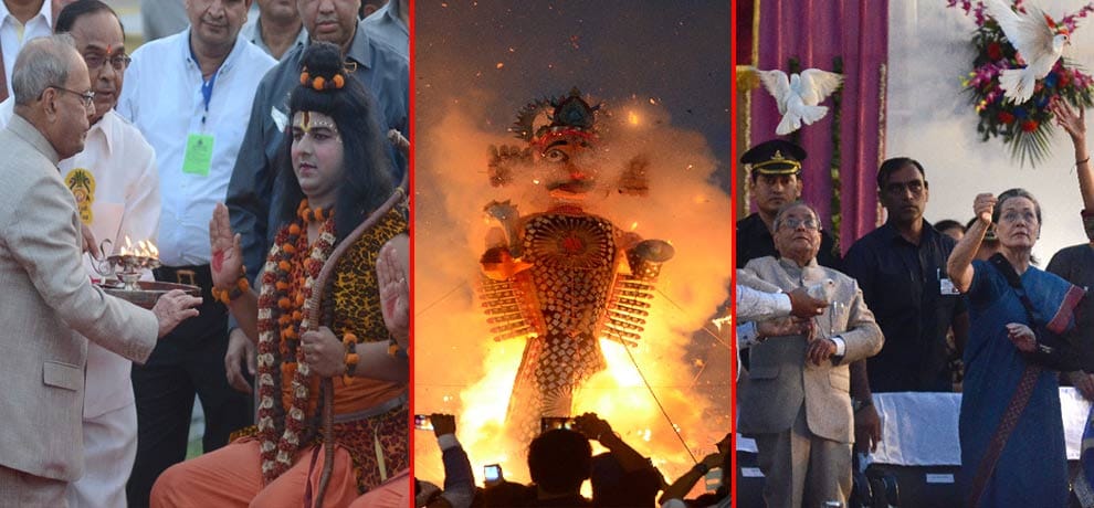Ramlila Maidan flames burn Ravana, President and Sonia Gandhi dove release