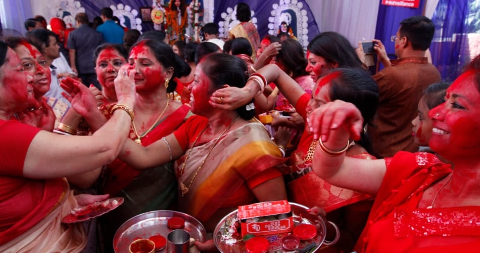 sindoor khela utsav during durga puja in bang bhawan chandigarh