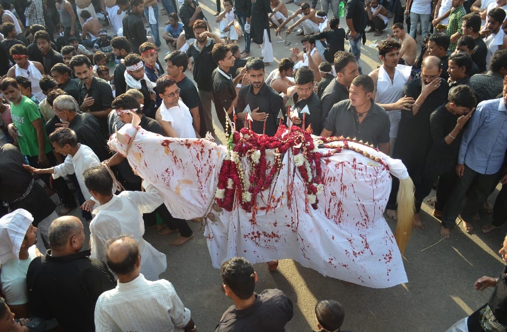 Ram and Mahatma Gandhi among weeds referring Tajiye buried in Karbala