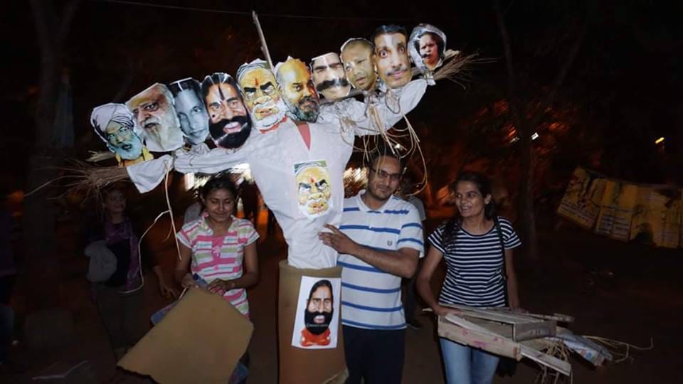 on dussehra eve jnu burns effigy of modi and ramdev instead of ravana